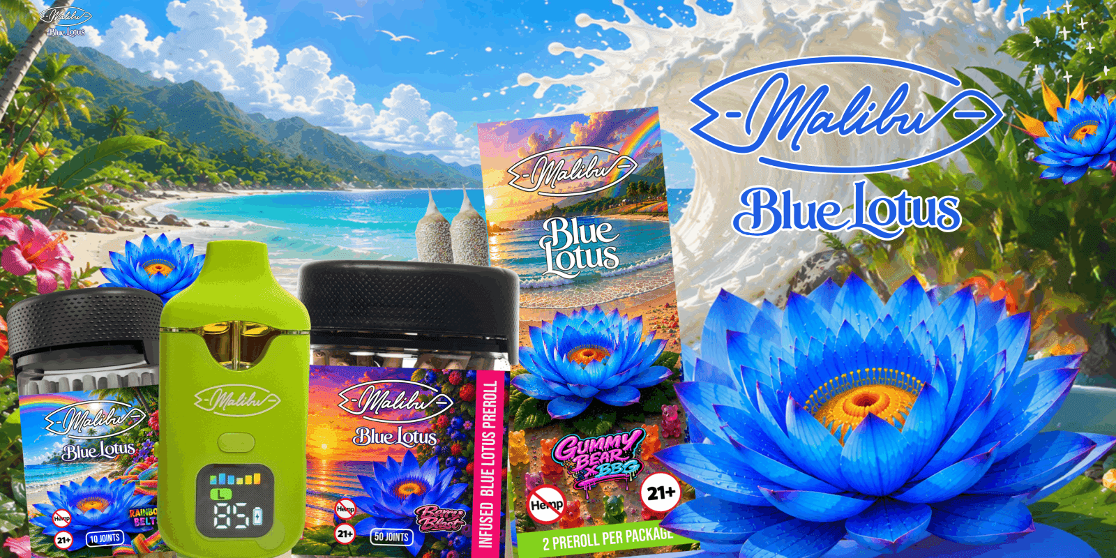 Malibu Blue Lotus product lineup on a tropical beach