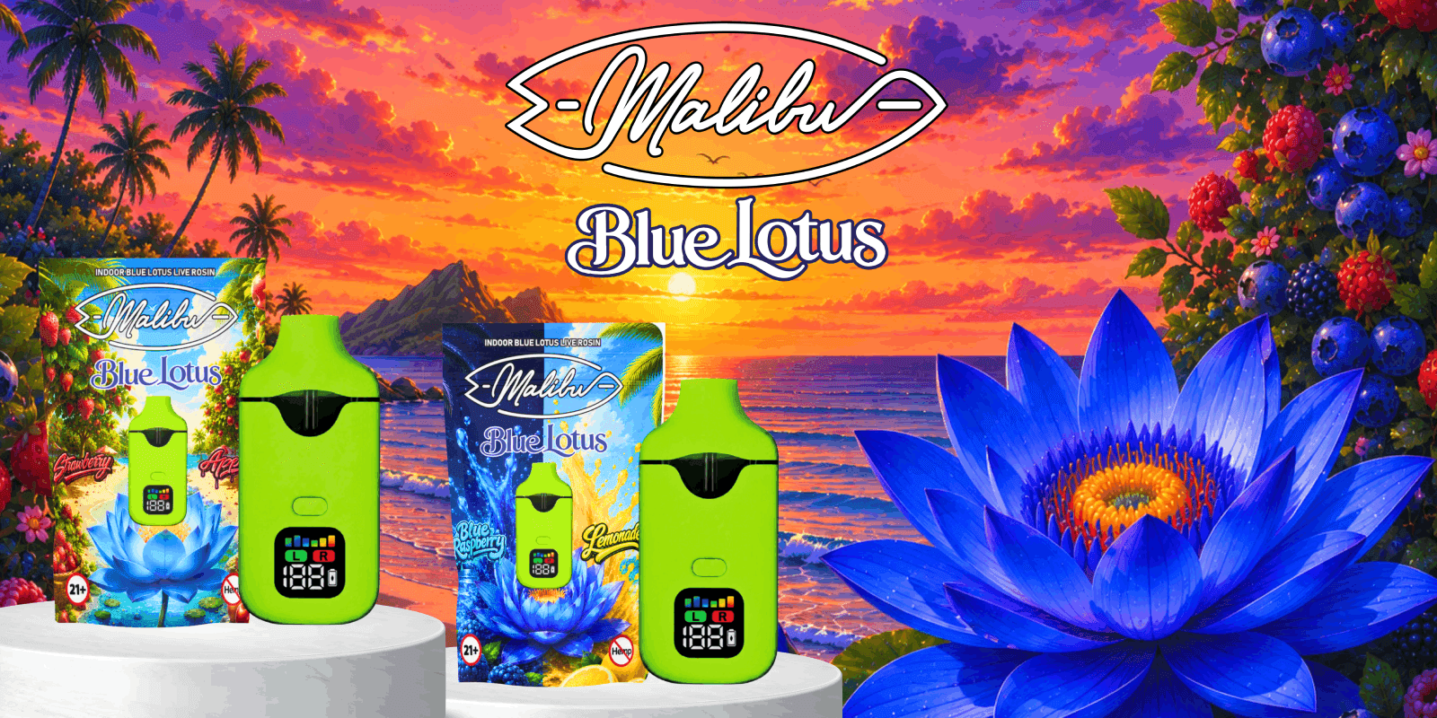 Malibu Blue Lotus vapes at sunset by the ocean
