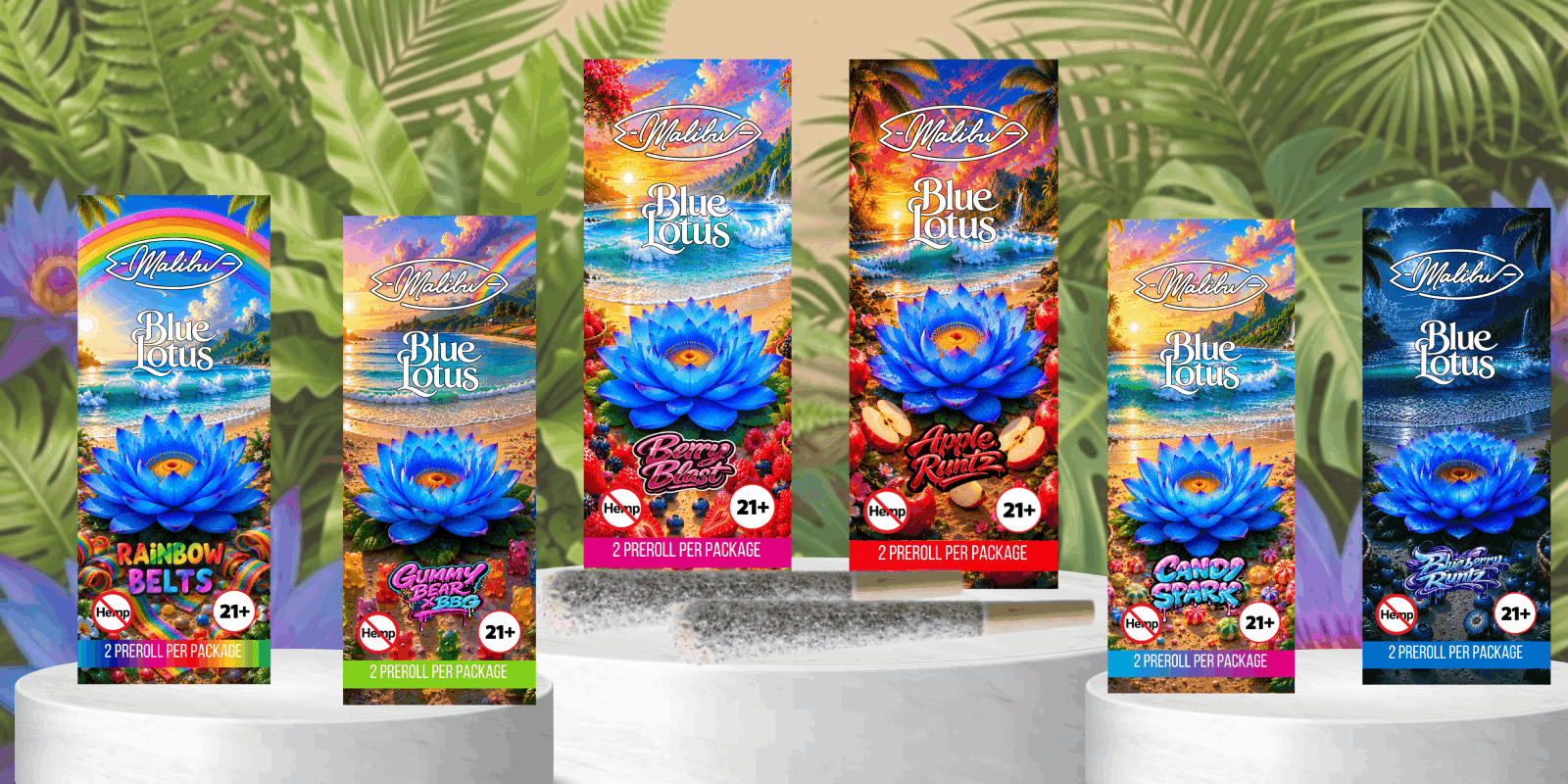 Malibu Blue Lotus preroll collection in assorted flavors